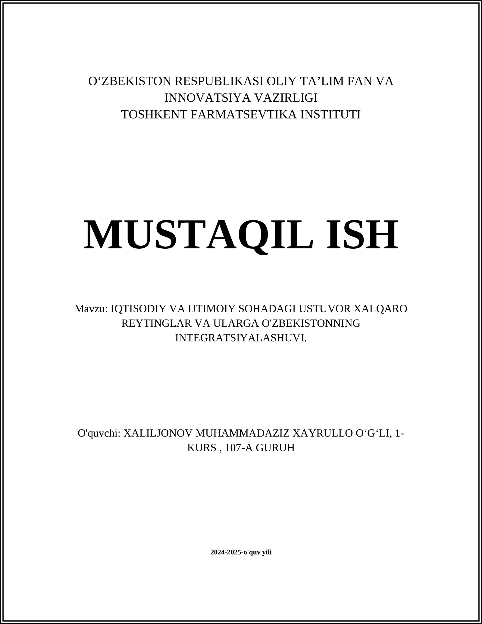 O'zbekistonning xalqaro iqtisodiy reytinglardagi o'rni