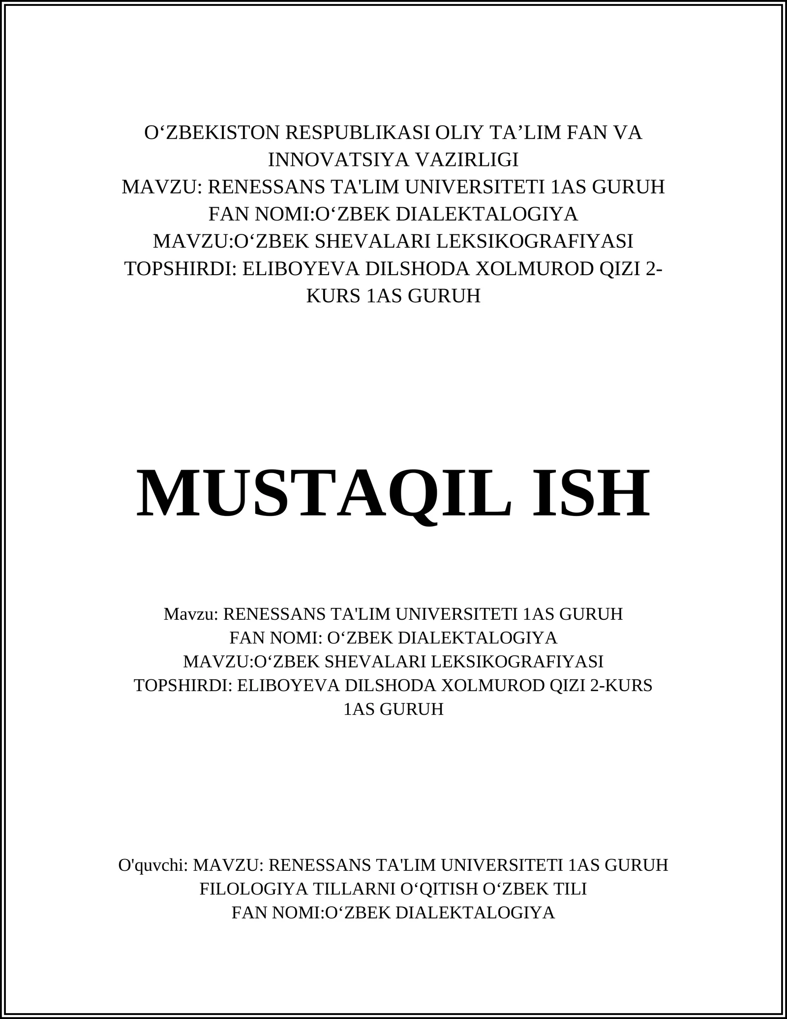 OʻZBEK SHEVALARI LEKSIKOGRAFIYASI