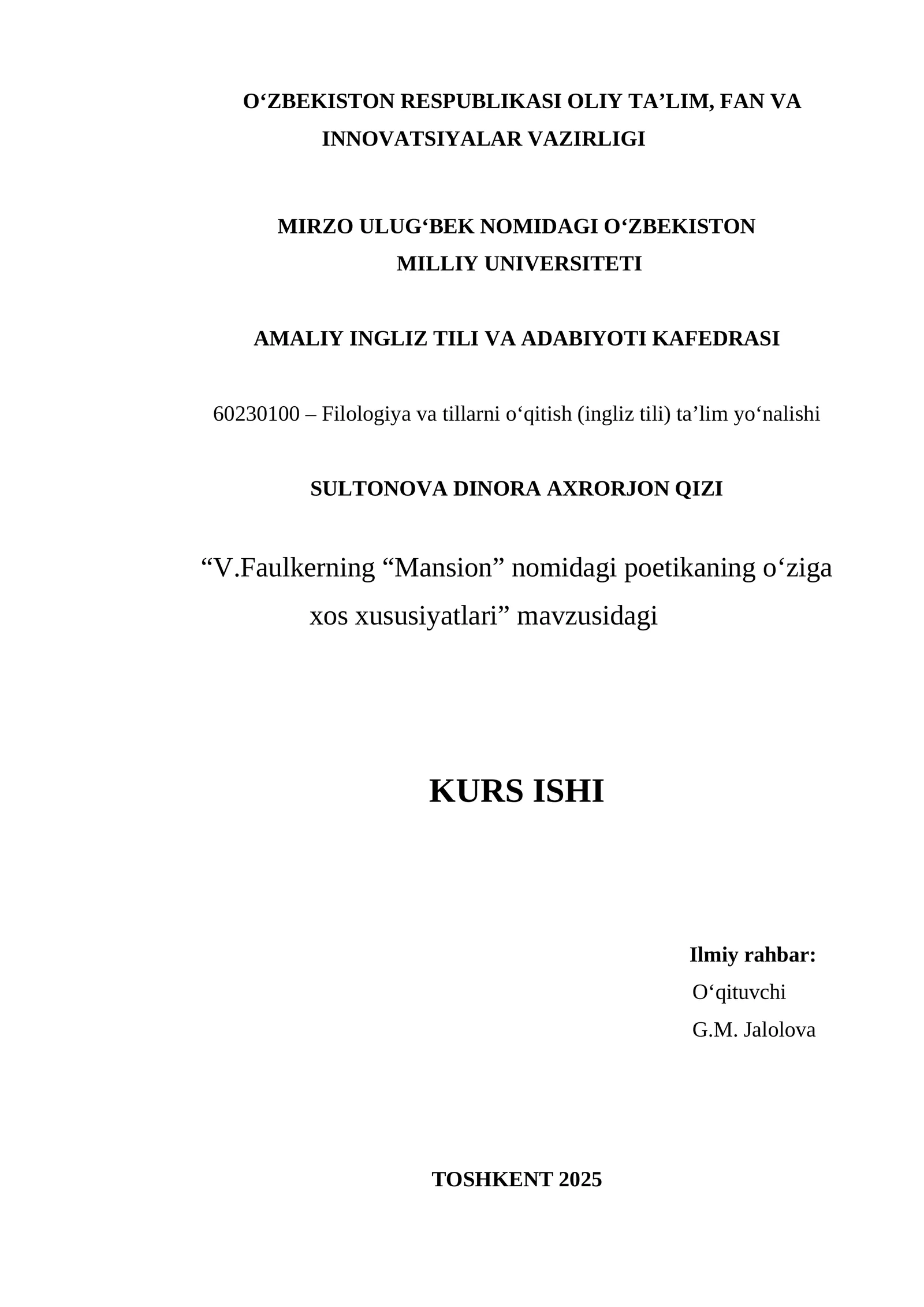 V.Faulkerning “Mansion” nomidagi poetikaning oʻziga xos xususiyatlari