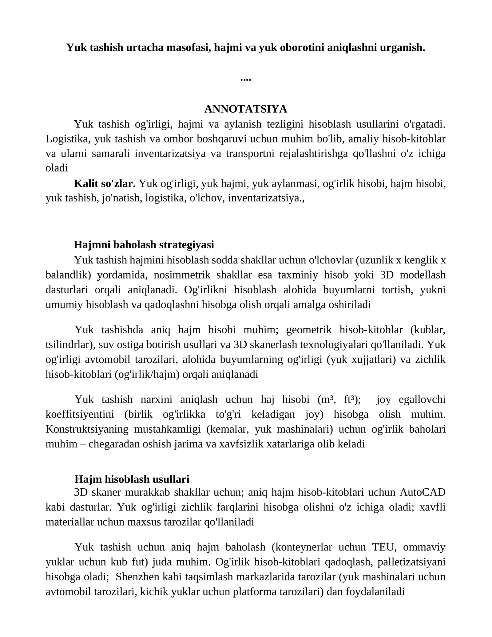 Yuk Tashish va Hajmni Aniqlash