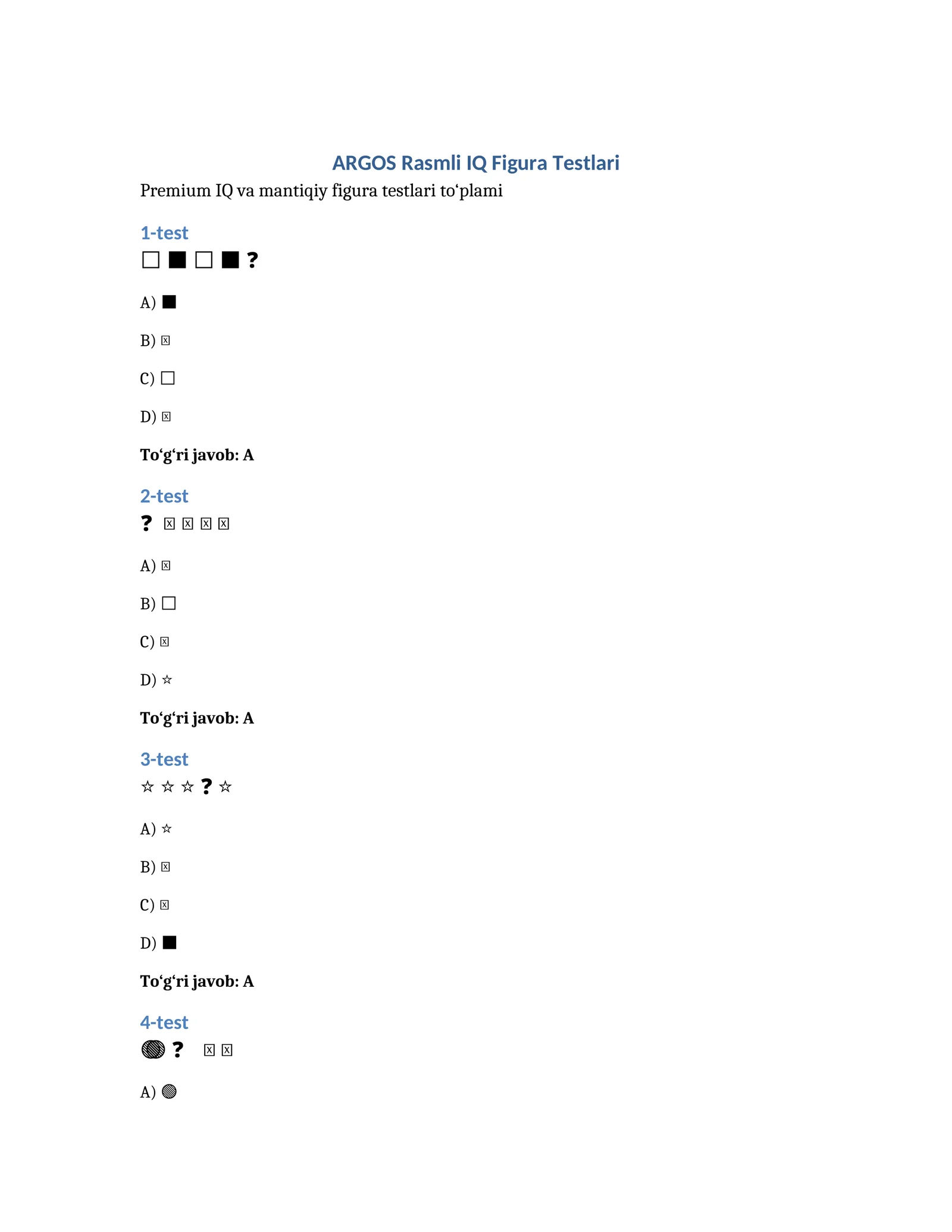 ARGOS Premium Rasmli IQ Figura Testlari | DOCX Format