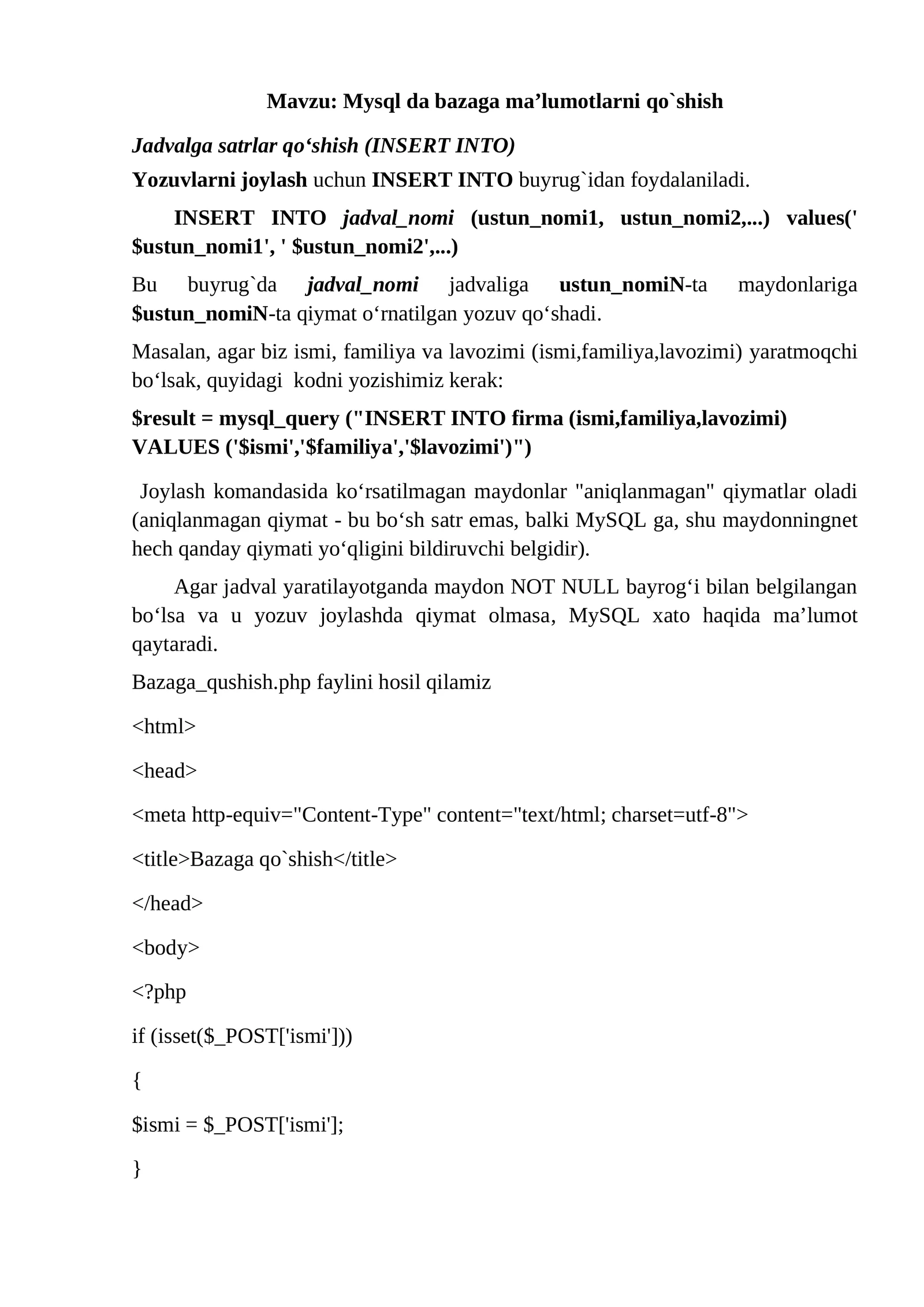 Mysql da bazaga ma’lumotlarni qo`shish