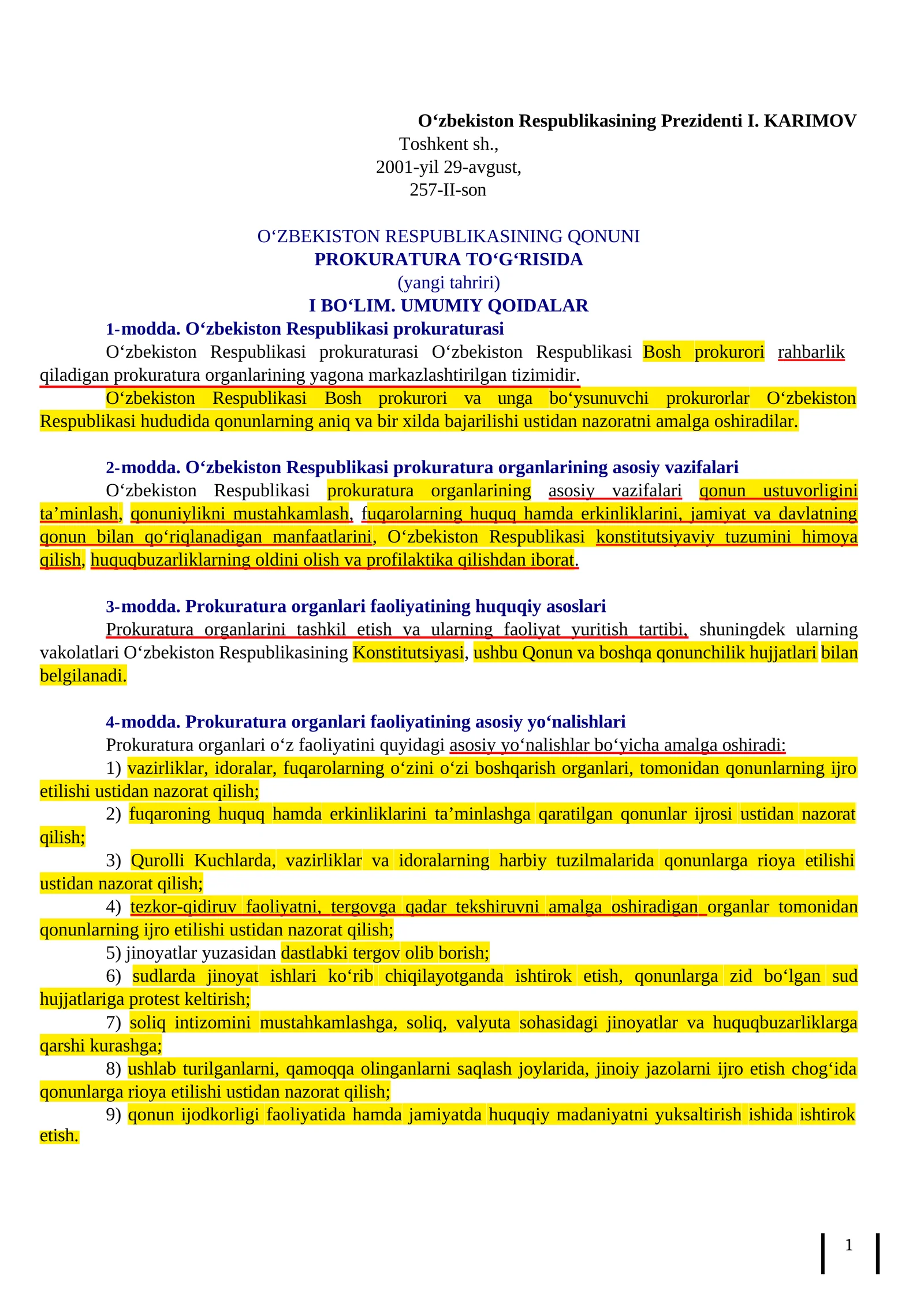 Prokuratura to'g'risda"gi qonun. QO'LLANMASI