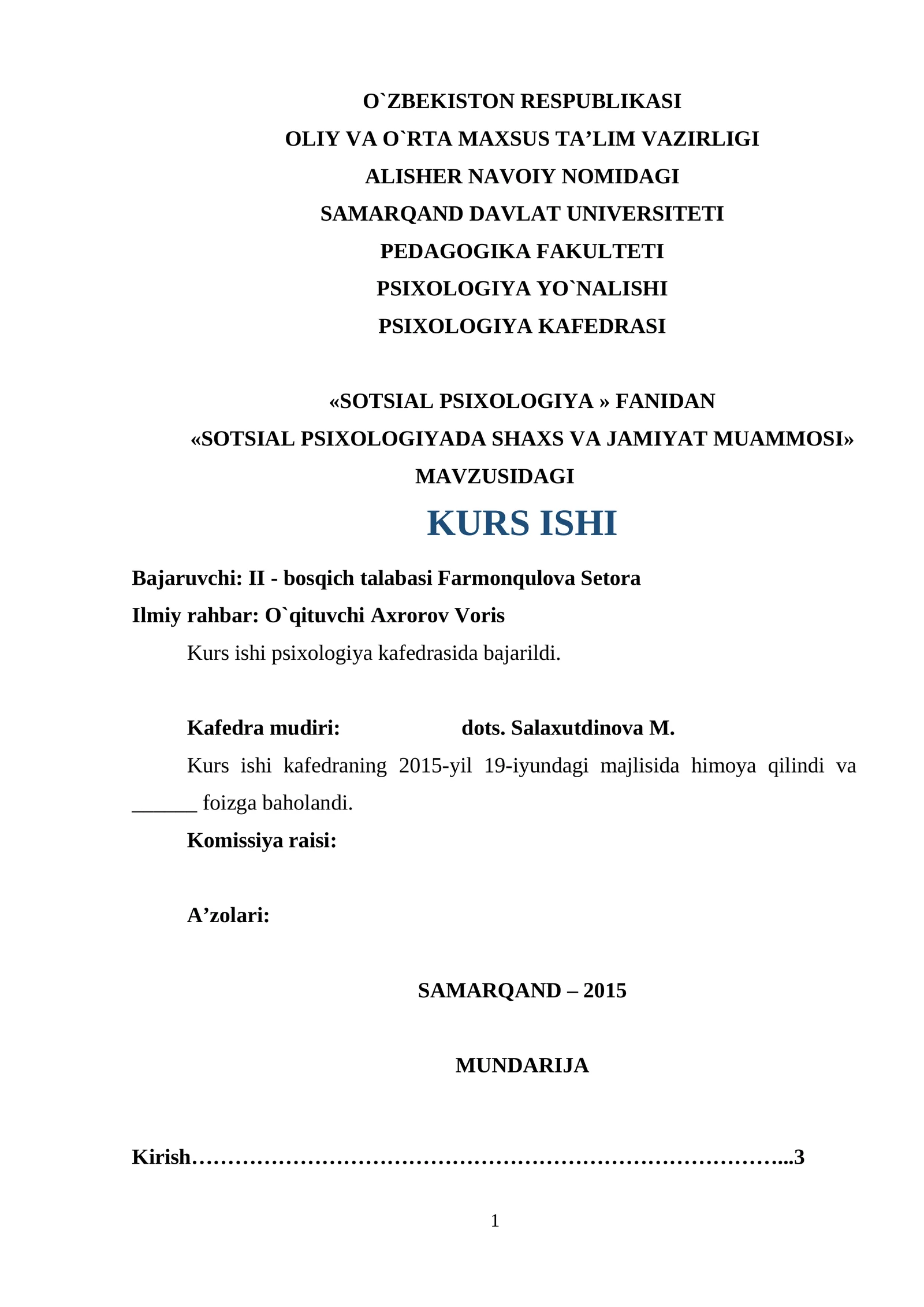 SOTSIAL PSIXOLOGIYADA SHAXS VA JAMIYAT MUAMMOSI
