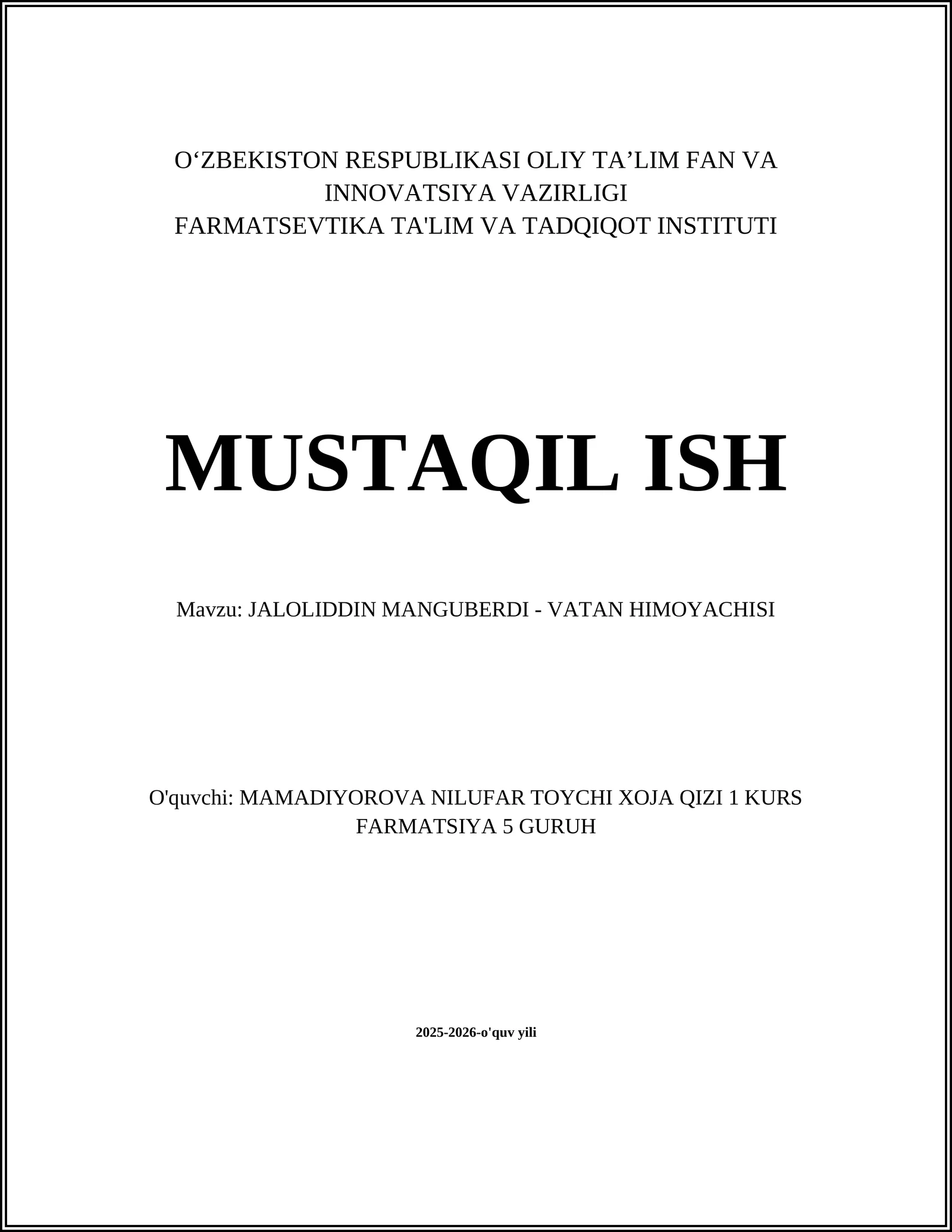 JALOLIDDIN MANGUBERDI - VATAN HIMOYACHISI