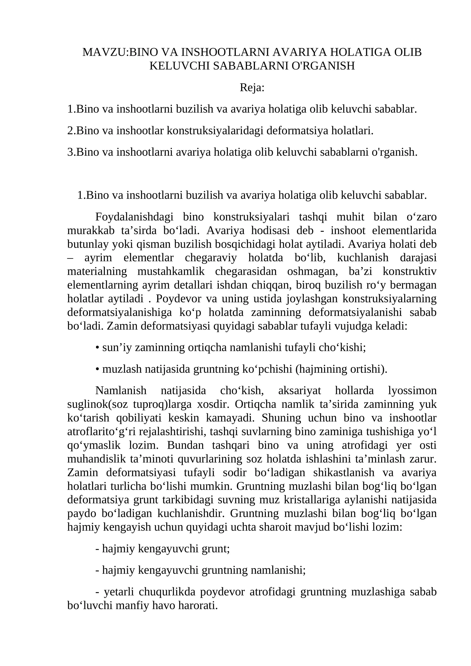 BINO VA INSHOOTLARNI AVARIYA HOLATIGA OLIB KELUVCHI SABABLARNI O'RGANISH