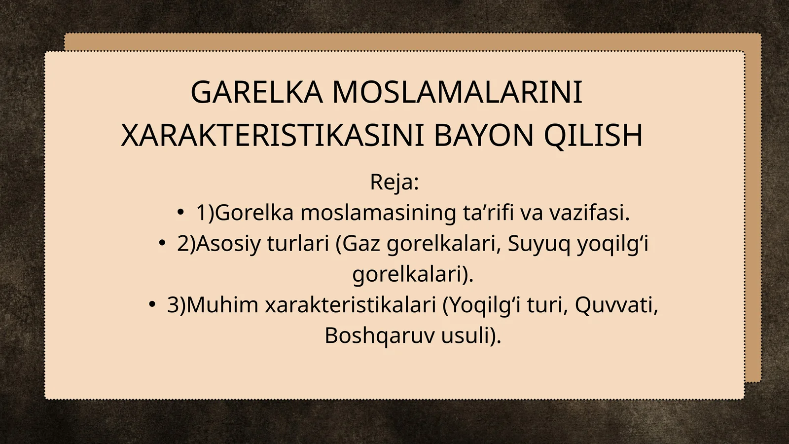 GARELKA MOSLAMALARINI XARAKTERISTIKASINI BAYON QILISH
