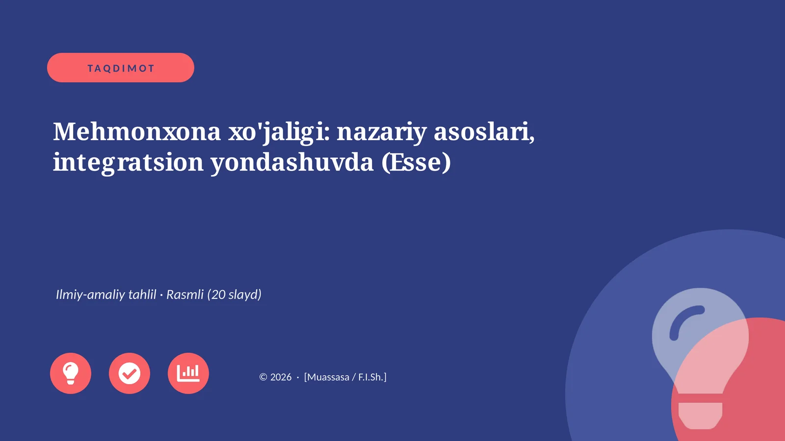Mehmonxona xo'jaligi: nazariy asoslari, integratsion yondashuvda (Esse)