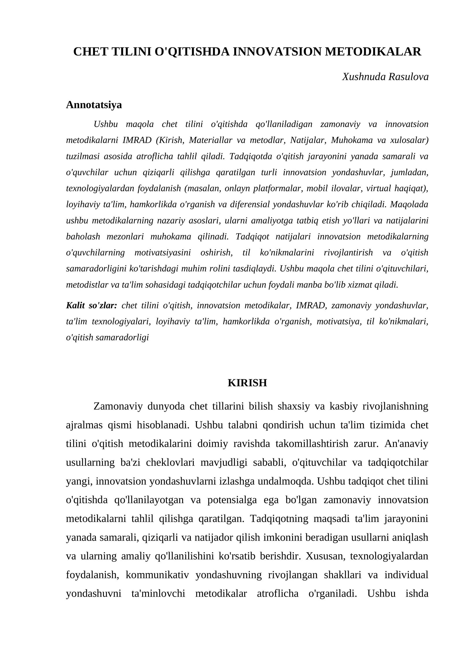 CHET TILINI O'QITISHDA INNOVATSION METODIKALAR