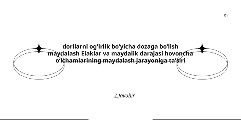 dorilarni og'irlik boʻyicha dozaga boʻlish maydalash Elaklar va maydalik darajasi hovoncha oʻlchamlarining maydalash jarayoniga ta'siri