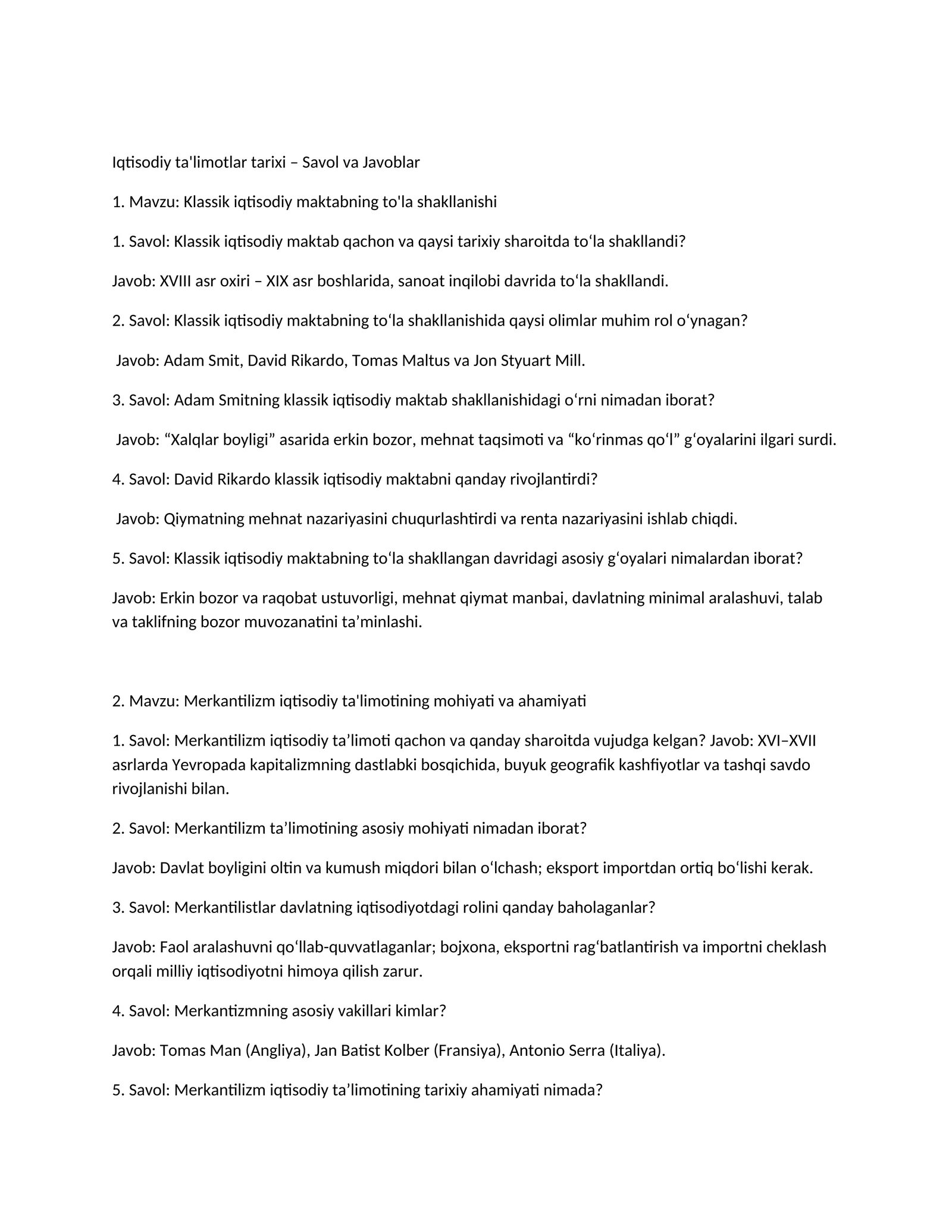 Iqtisodiy ta'limotlar tarixi – Savol va Javoblar