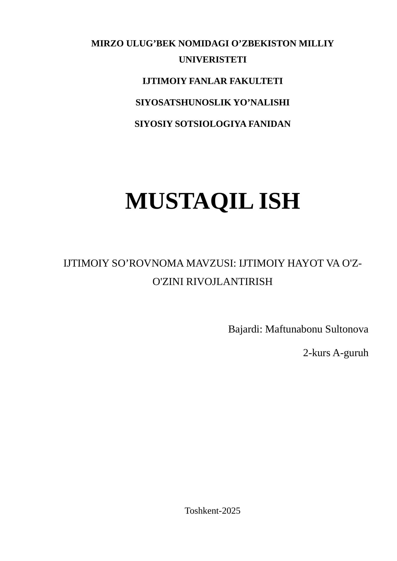 IJTIMOIY SO’ROVNOMA MAVZUSI: IJTIMOIY HAYOT VA O'Z-O'ZINI RIVOJLANTIRISH