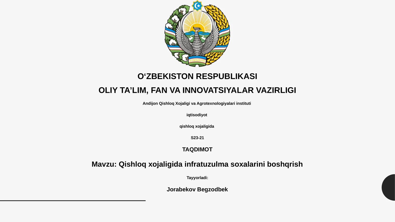 Qishloq xojaligida infratuzulma soxalarini boshqrish