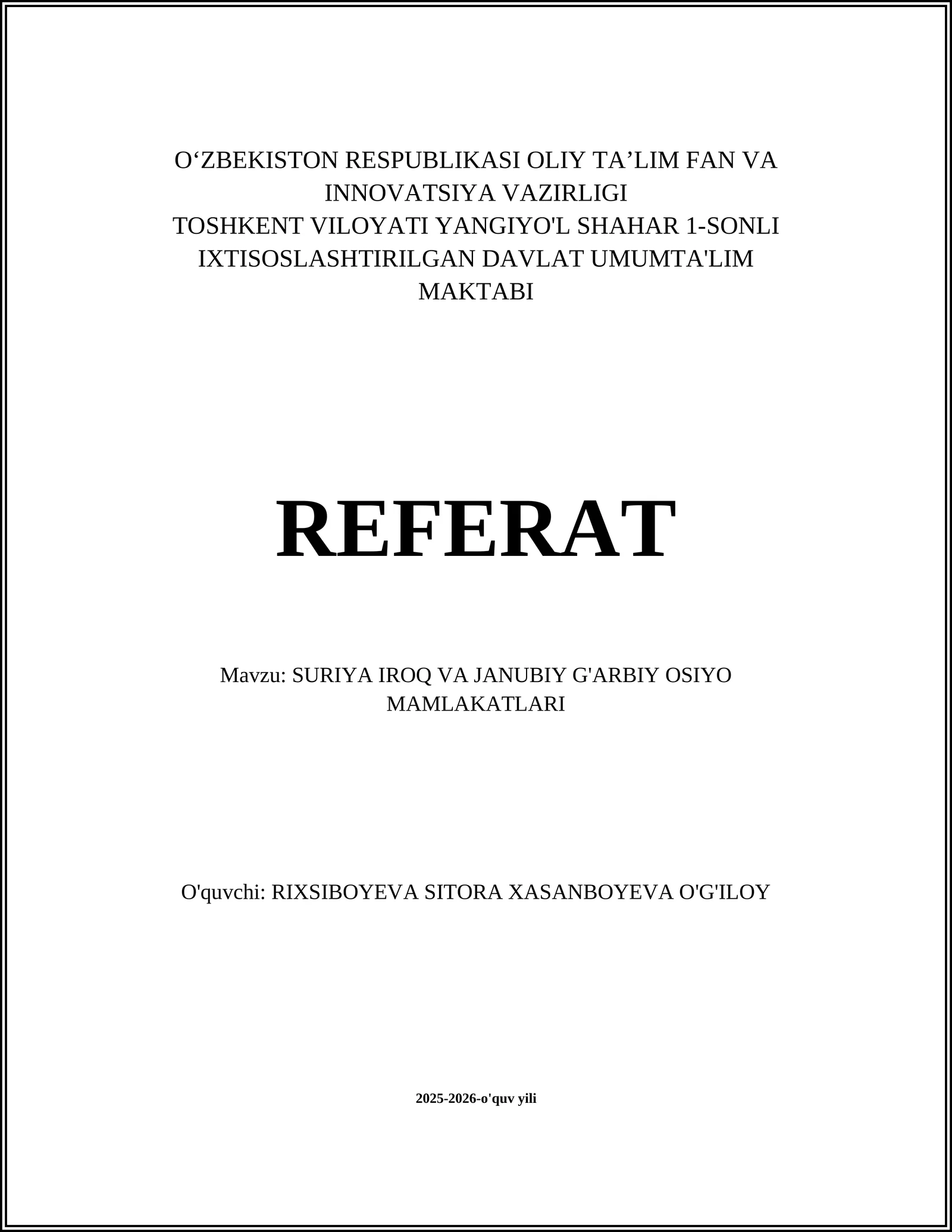 SURIYA IROQ VA JANUBIY G'ARBIY OSIYODA MADANIYATLAR (tarix referati)