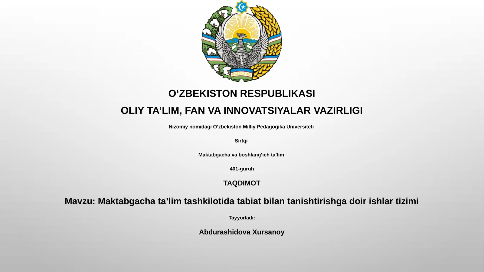 Maktabgacha taʼlim tashkilotida tabiat bilan tanishtirishga doir ishlar tizimi