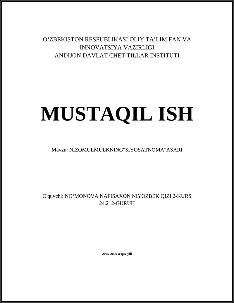 NIZOMULMULKNING"SIYOSATNOMA"ASARI