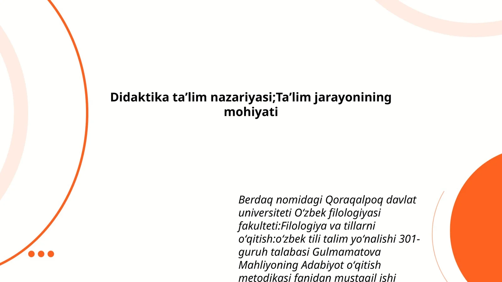 Adabiyot oʻqitish metodikasi fanidan mustaqil ishi taqdimoti
