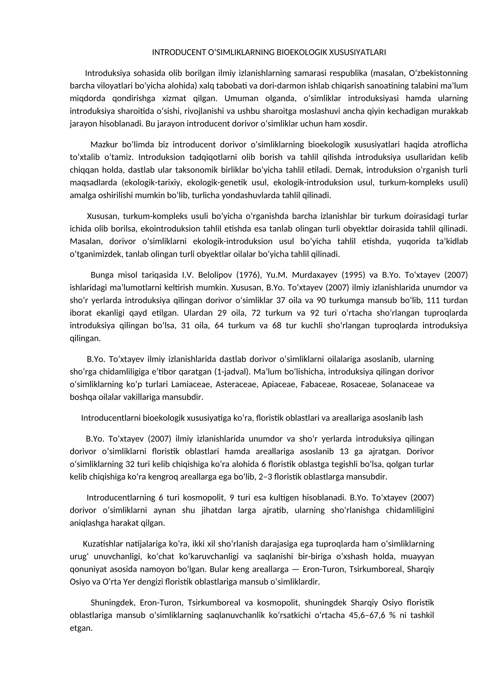 O‘SIMLIKLARNING BIOEKOLOGIK XUSUSIYATLARI