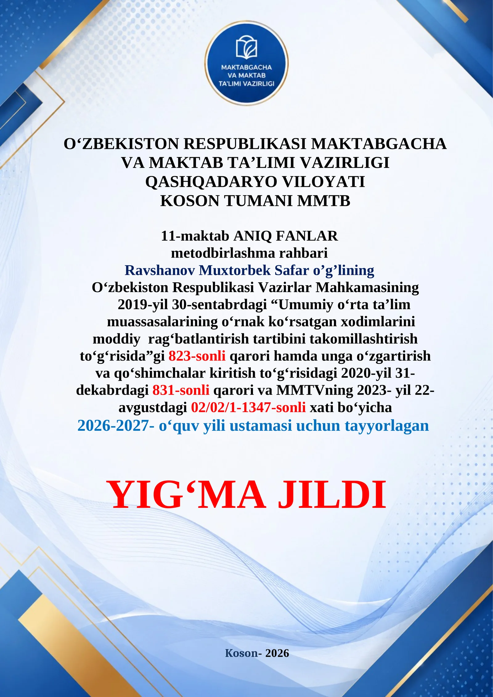 ANIQ FANLAR metodbirlashma ustama hujjatlari 10% 2025-2026