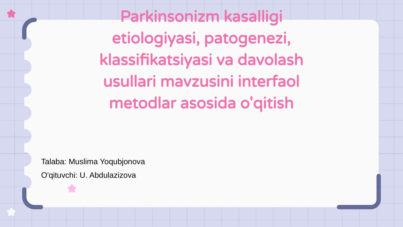 Parkinsonizm kasalligi etiologiyasi, patogenezi, klassifikatsiyasi va davolash usullari
