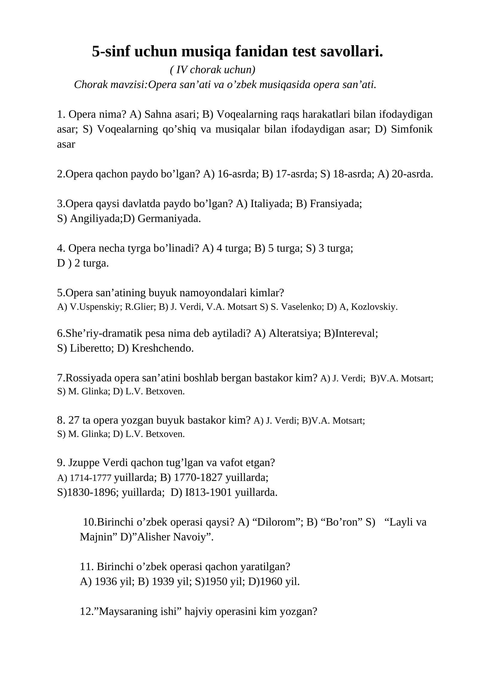 5-sinf uchun musiqa fanidan test savollari