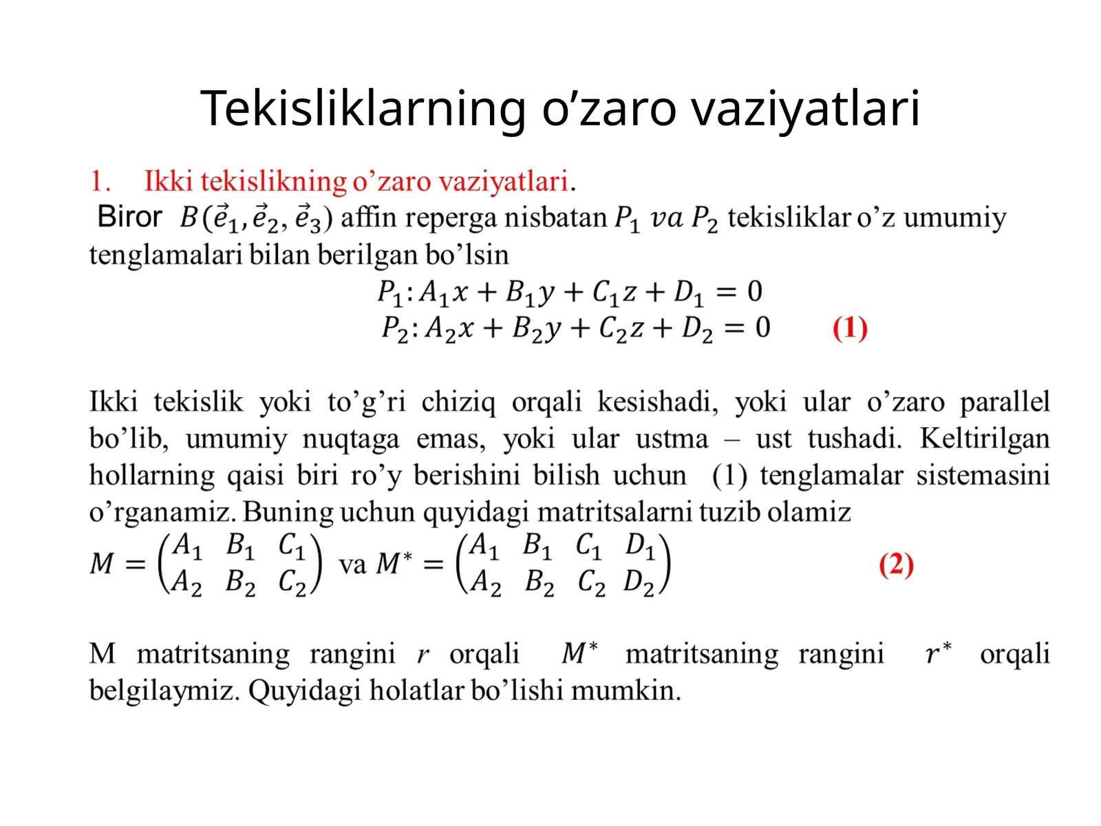 Tekisliklarning o’zarovaziyatlari