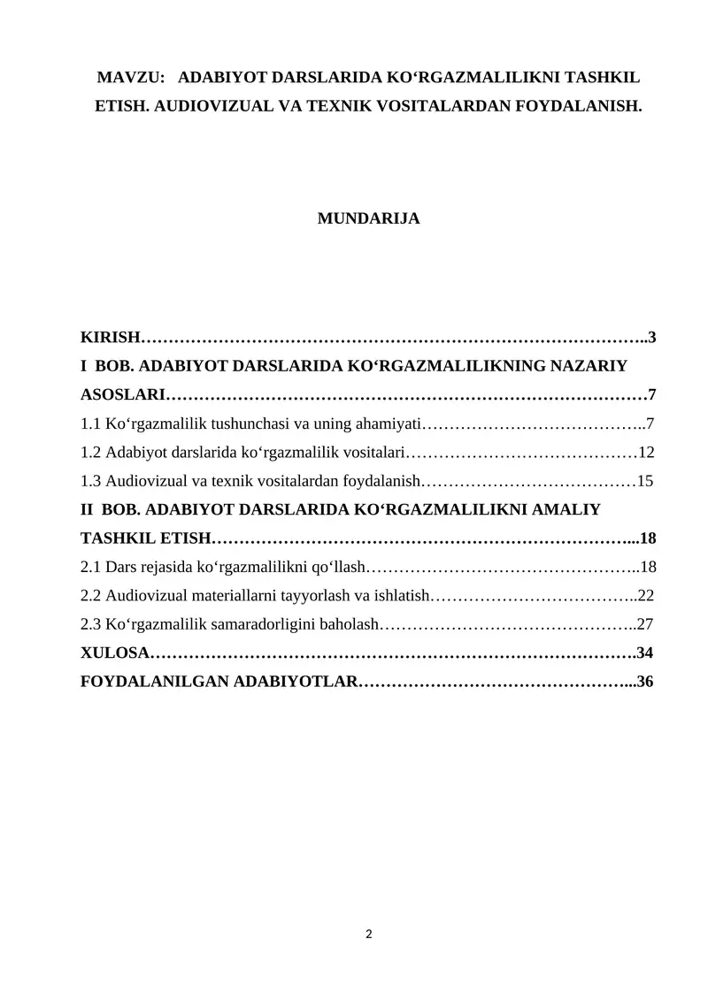 ADABIYOT DARSLARIDA KO‘RGAZMALILIKNI TASHKIL ETISH