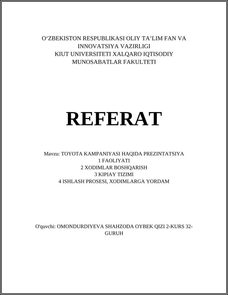 REFERAT Mavzu: TOYOTA KAMPANIYASI HAQIDA PREZINTATSIYA