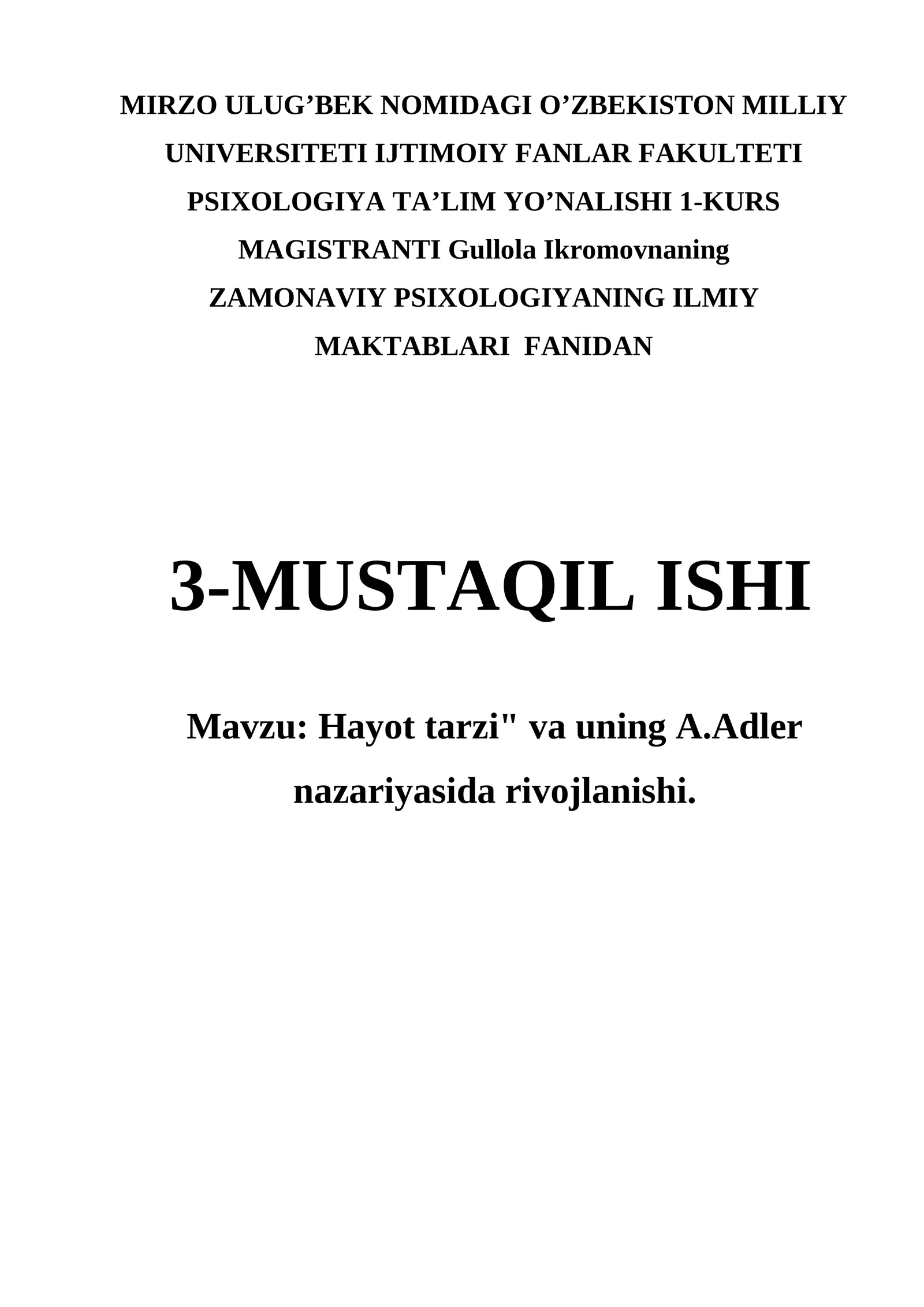 Hayot tarzi va uning A.Adler nazariyasida rivojlanishi