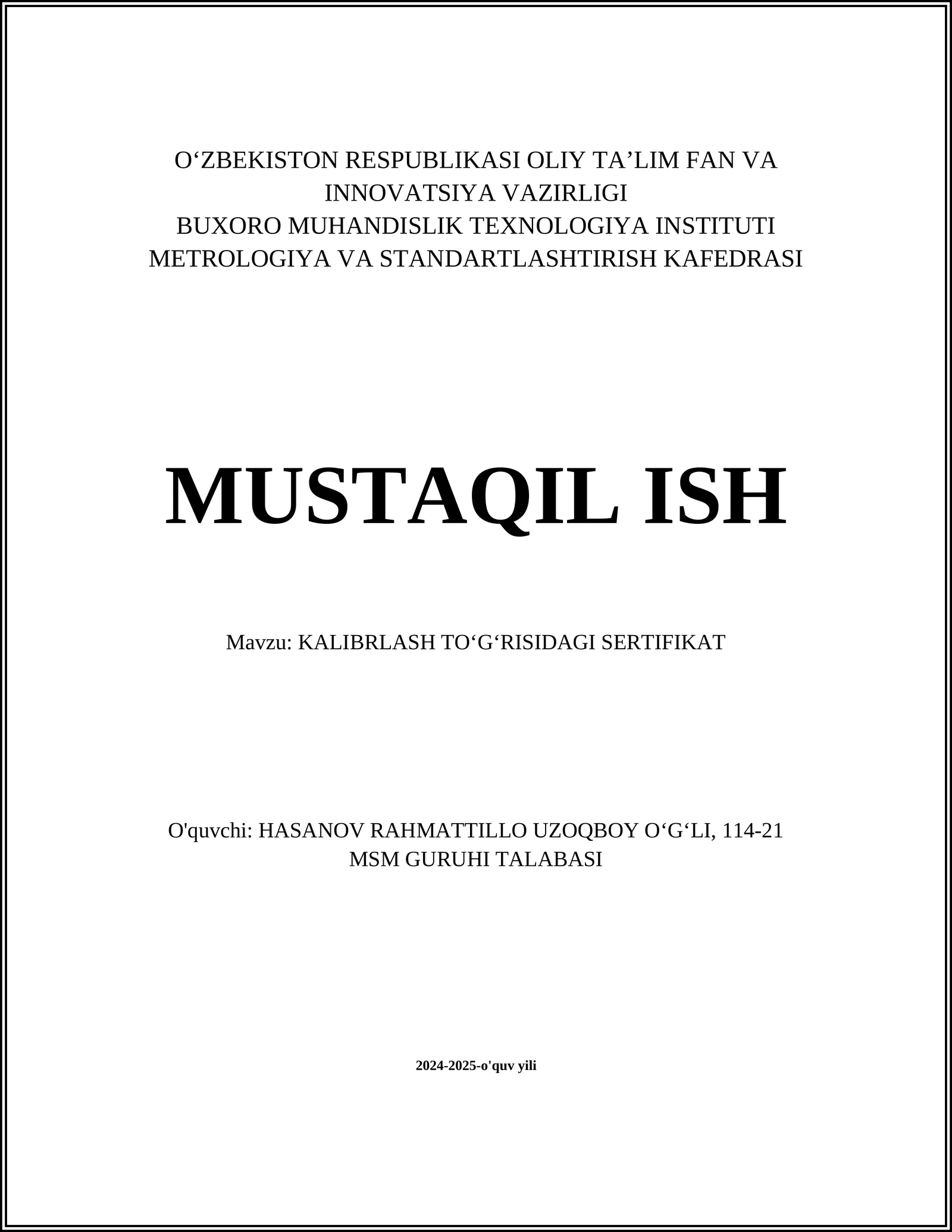 KALIBRLASH TOʻGʻRISIDAGI SERTIFIKAT