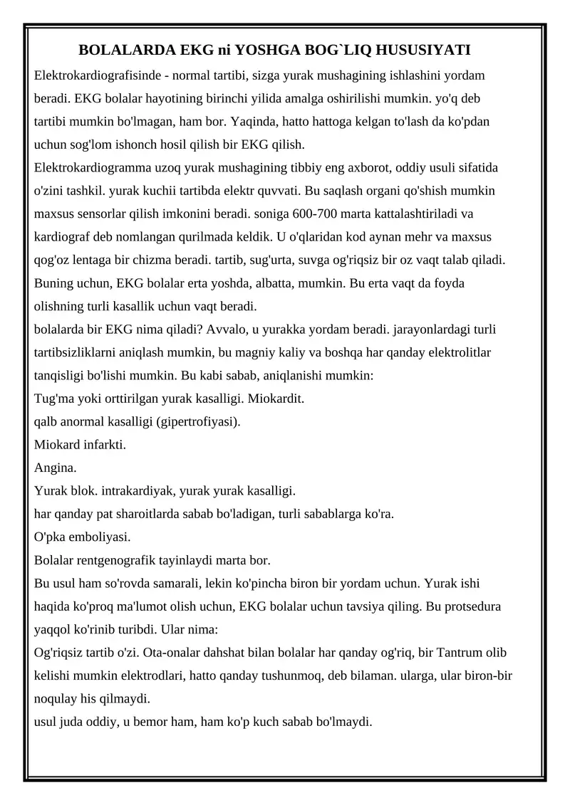 BOLALARDA EKG ni YOSHGA BOG`LIQ HUSUSIYATI