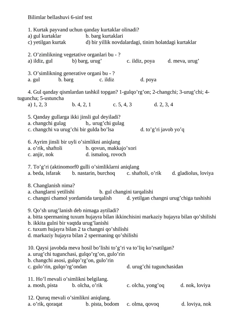 Bilimlar bellashuvi 6-sinf test