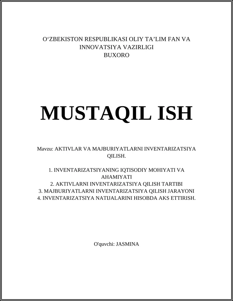 AKTIVLAR VA MAJBURIYATLARNI INVENTARIZATSIYA QILISH