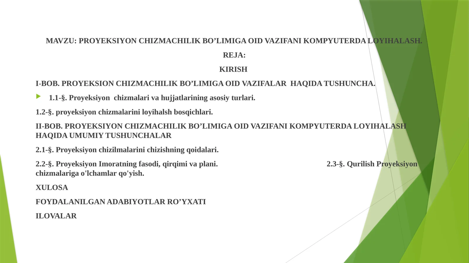 PROYEKSIYON CHIZMACHILIK BO’LIMIGA OID VAZIFANI KOMPYUTERDA LOYIHALASH