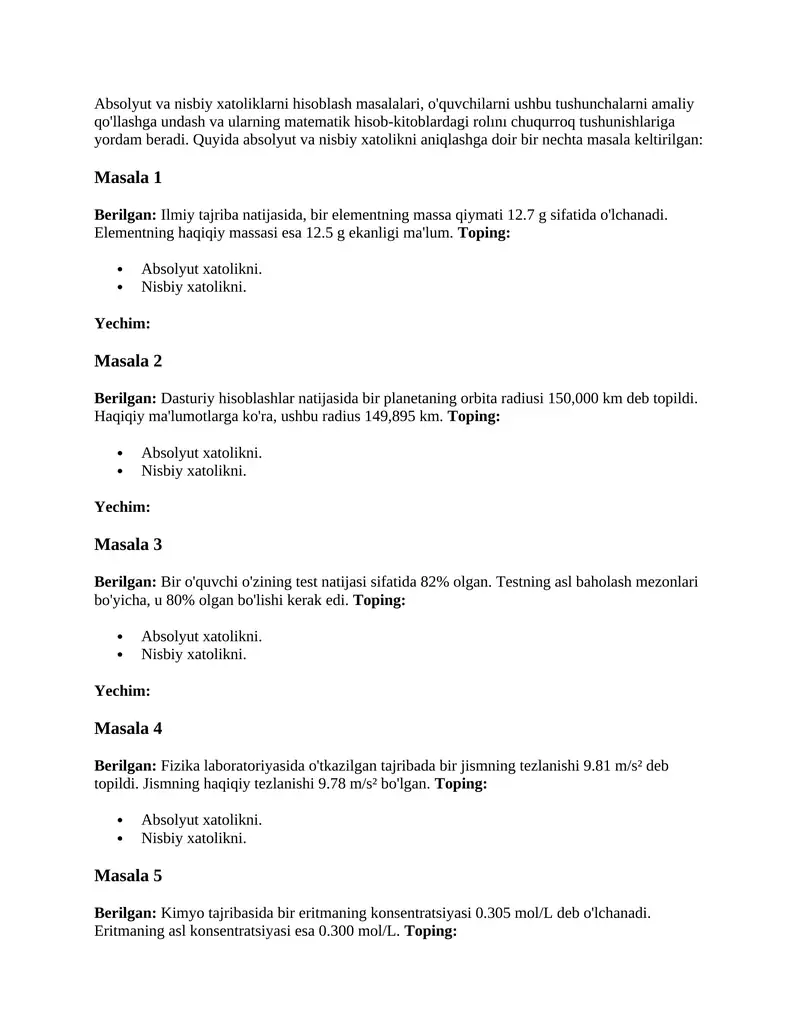 Absolyut va nisbiy xatoliklarni hisoblash masalalari