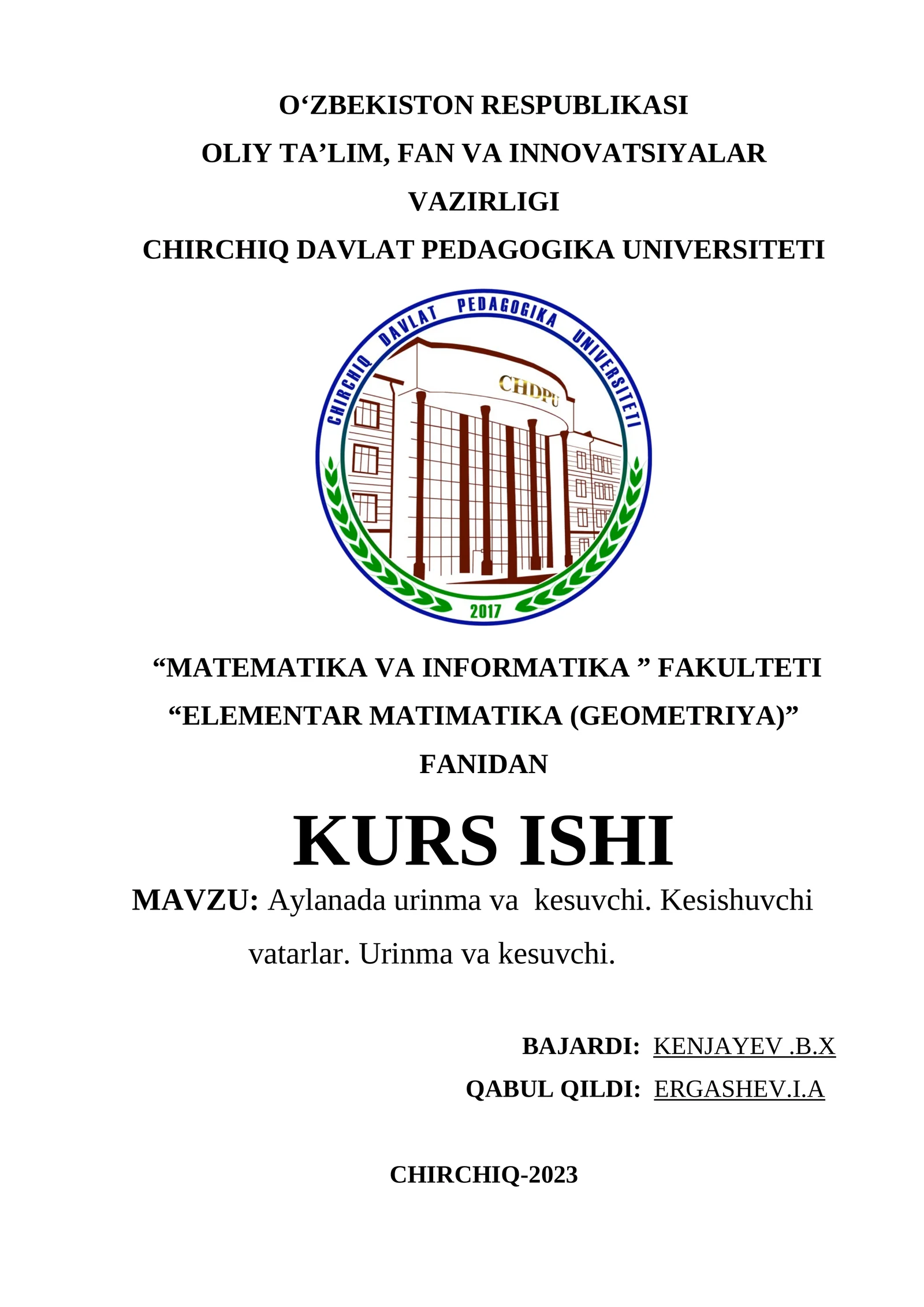 ELEMENTAR MATIMATIKA (GEOMETRIYA) FANIDAN KURS ISHI
