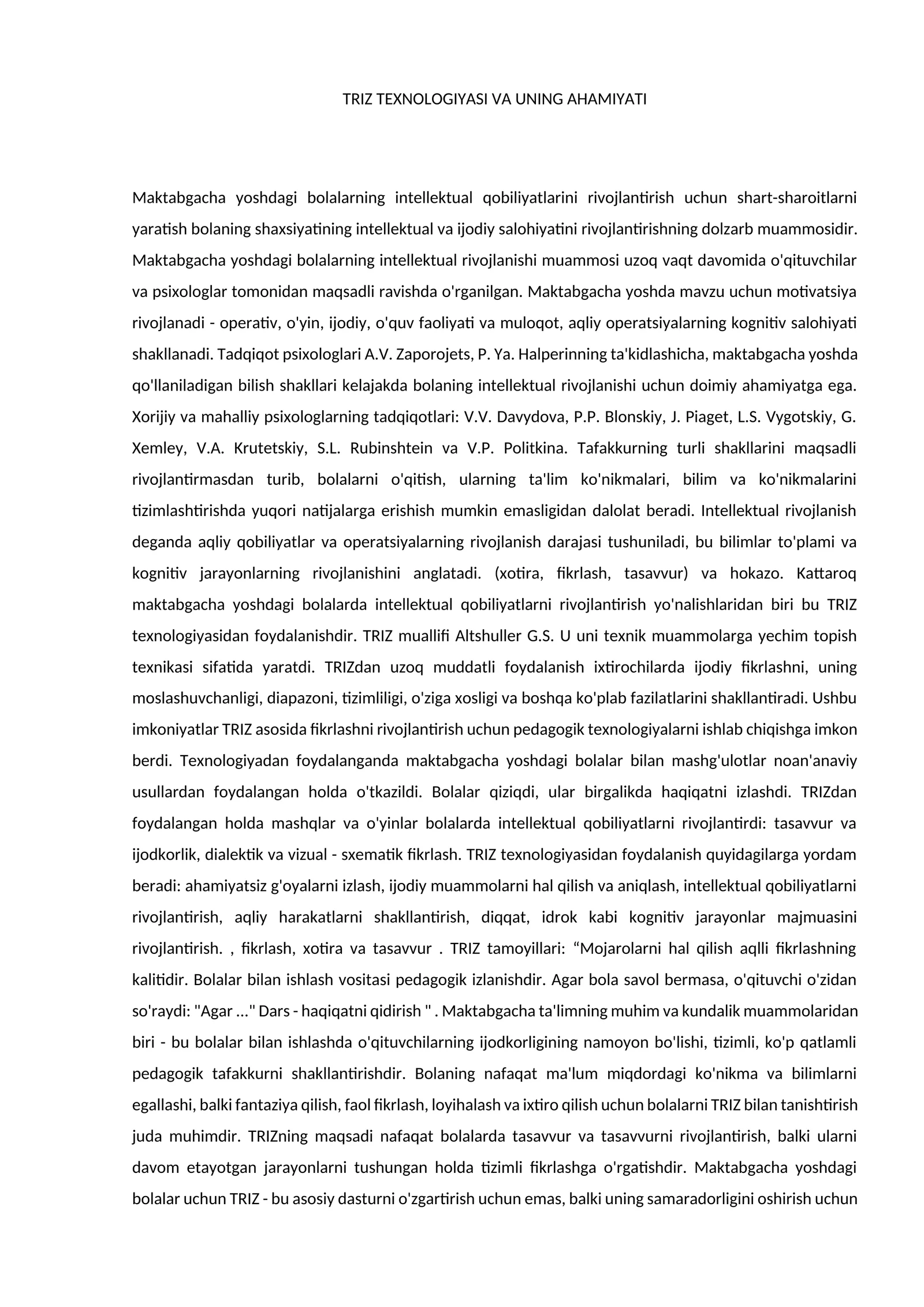 TRIZ TEXNOLOGIYASI VA UNING AHAMIYATI