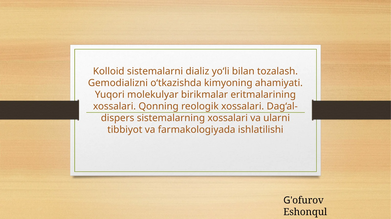 Kolloidsistemalarnidializyo‘libilantozalash.Gemodializnio‘tkazishdakimyoningahamiyati.Yuqorimolekulyarbirikmalareritmalariningxossalari.Qonningreologikxossalari.Dag‘al-disperssistemalarningxossalarivaularnitibbiyotvafarmakologiyadaishlatilishi