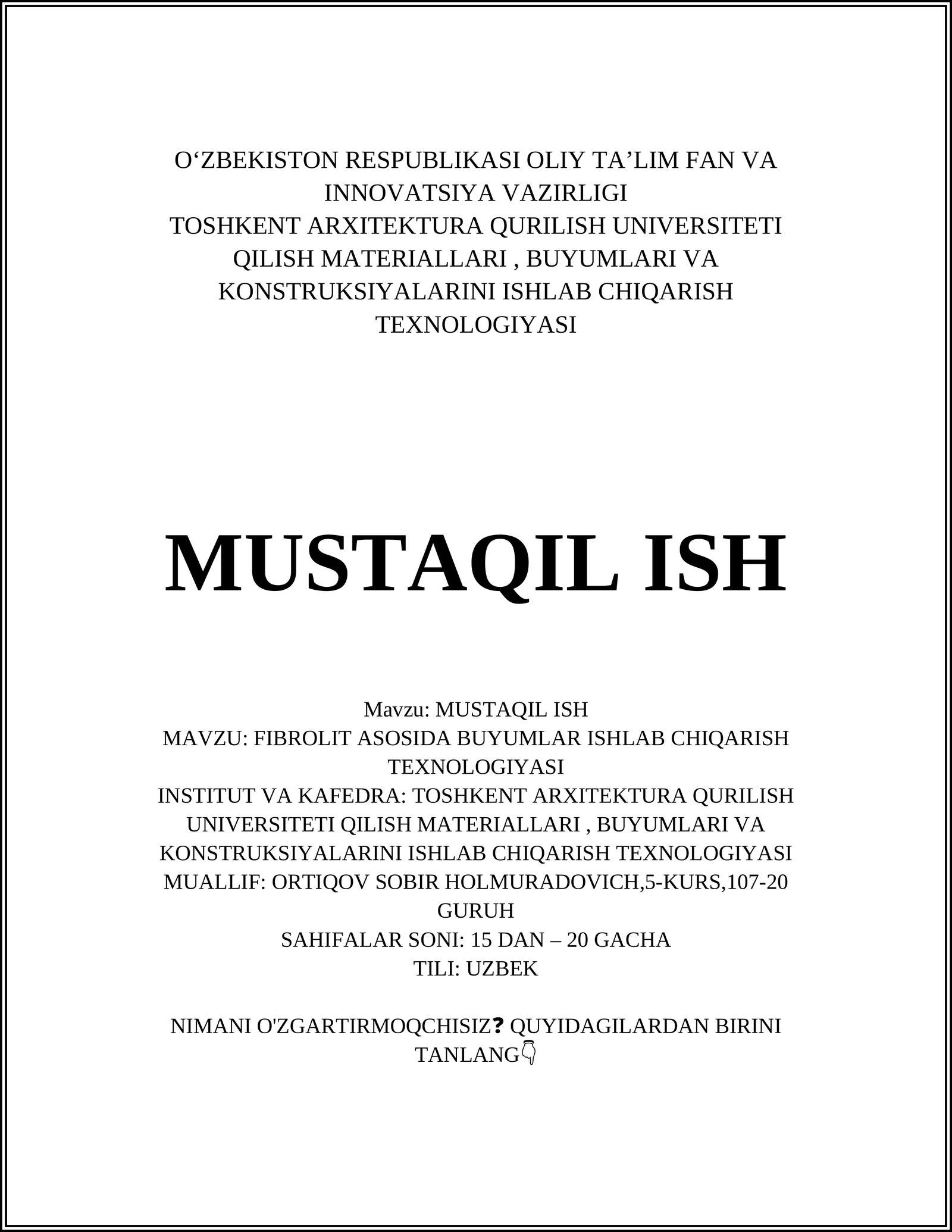 FIBROLIT ASOSIDA BUYUMLAR ISHLAB CHIQARISH TEXNOLOGIYASI