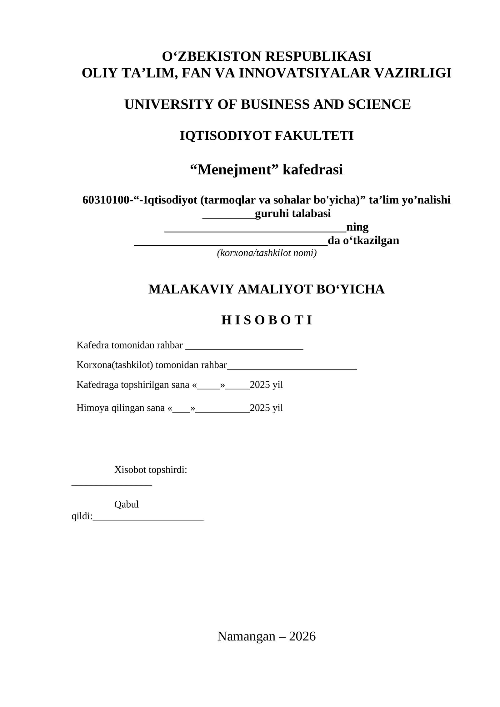 MALAKAVIY AMALIYOT BO‘YICHA H I S O B O T I