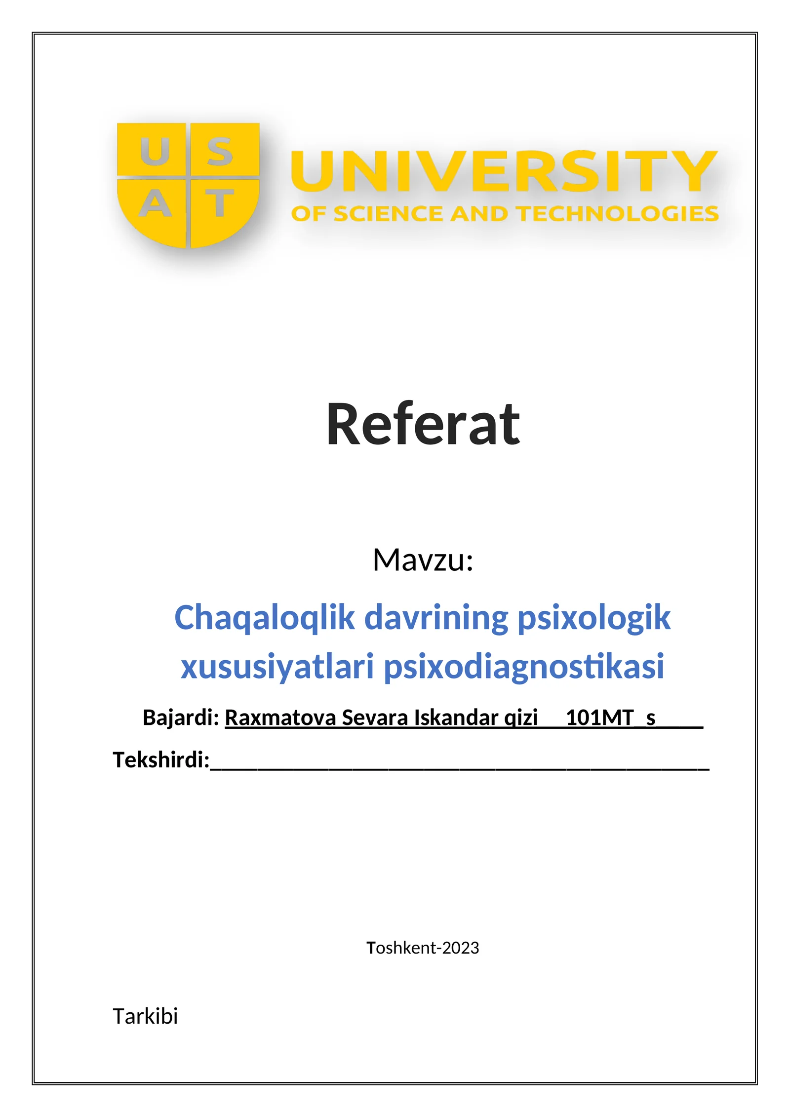 Chaqaloqlik davrining psixologik xususiyatlari psixodiagnostikasi
