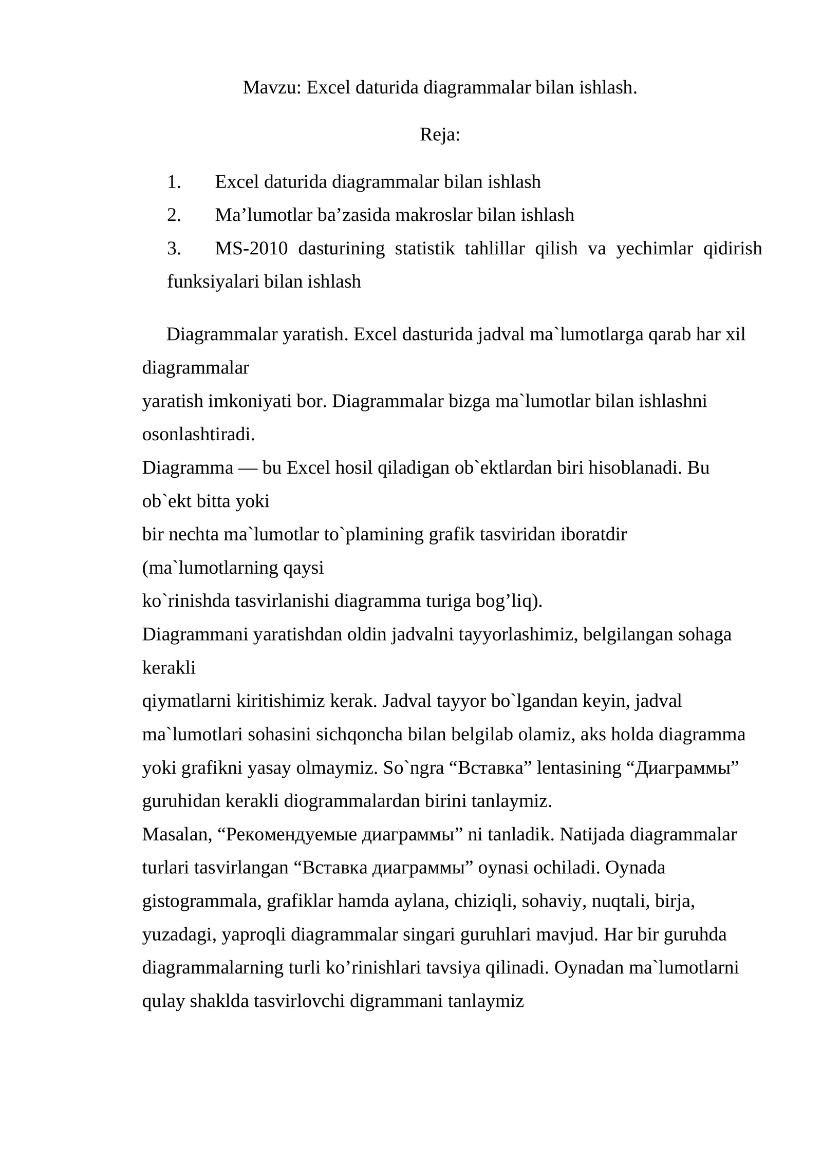 Excel daturida diagrammalar bilan ishlash