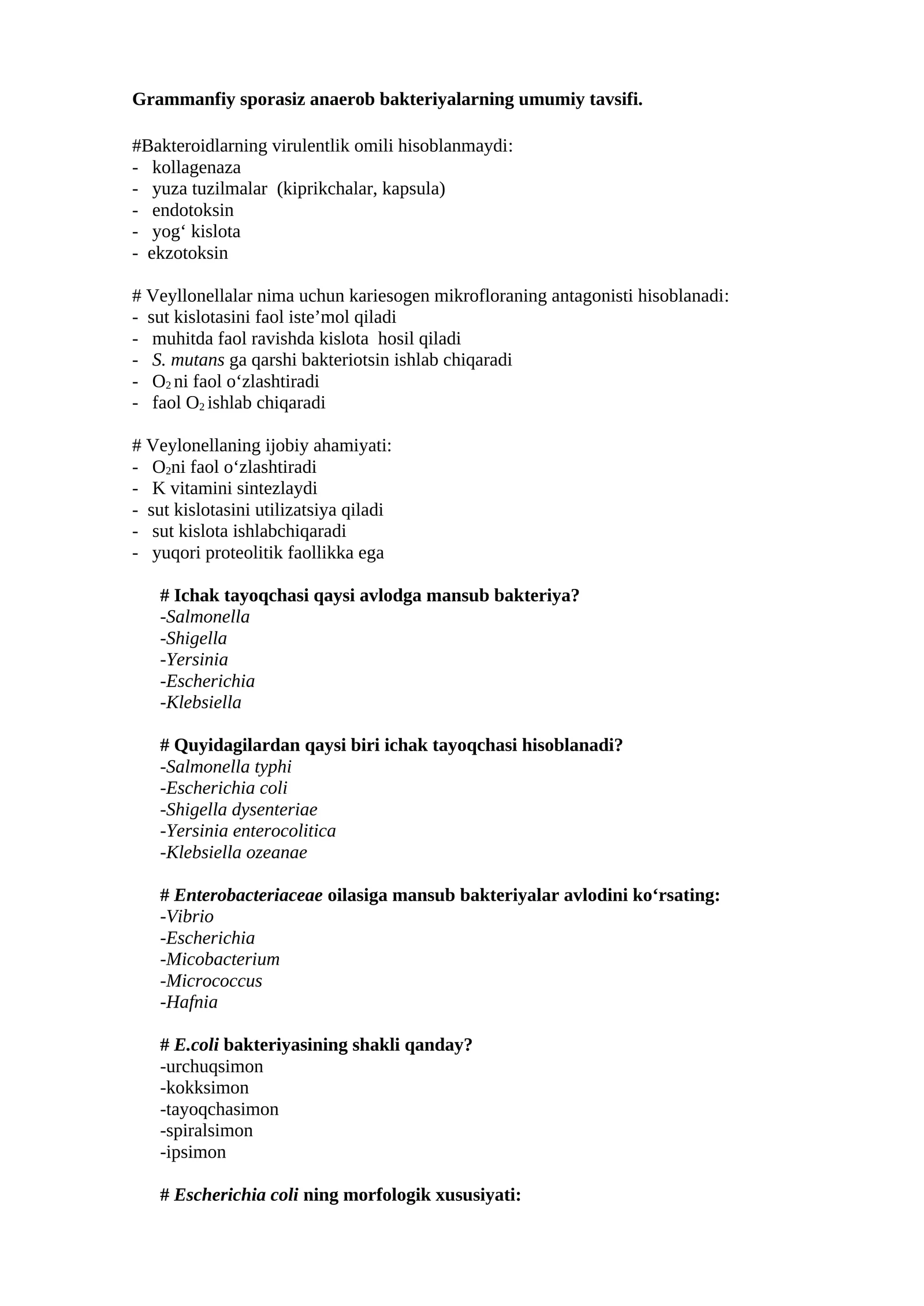 Grammanfiy sporasiz anaerob bakteriyalarning umumiy tavsifi