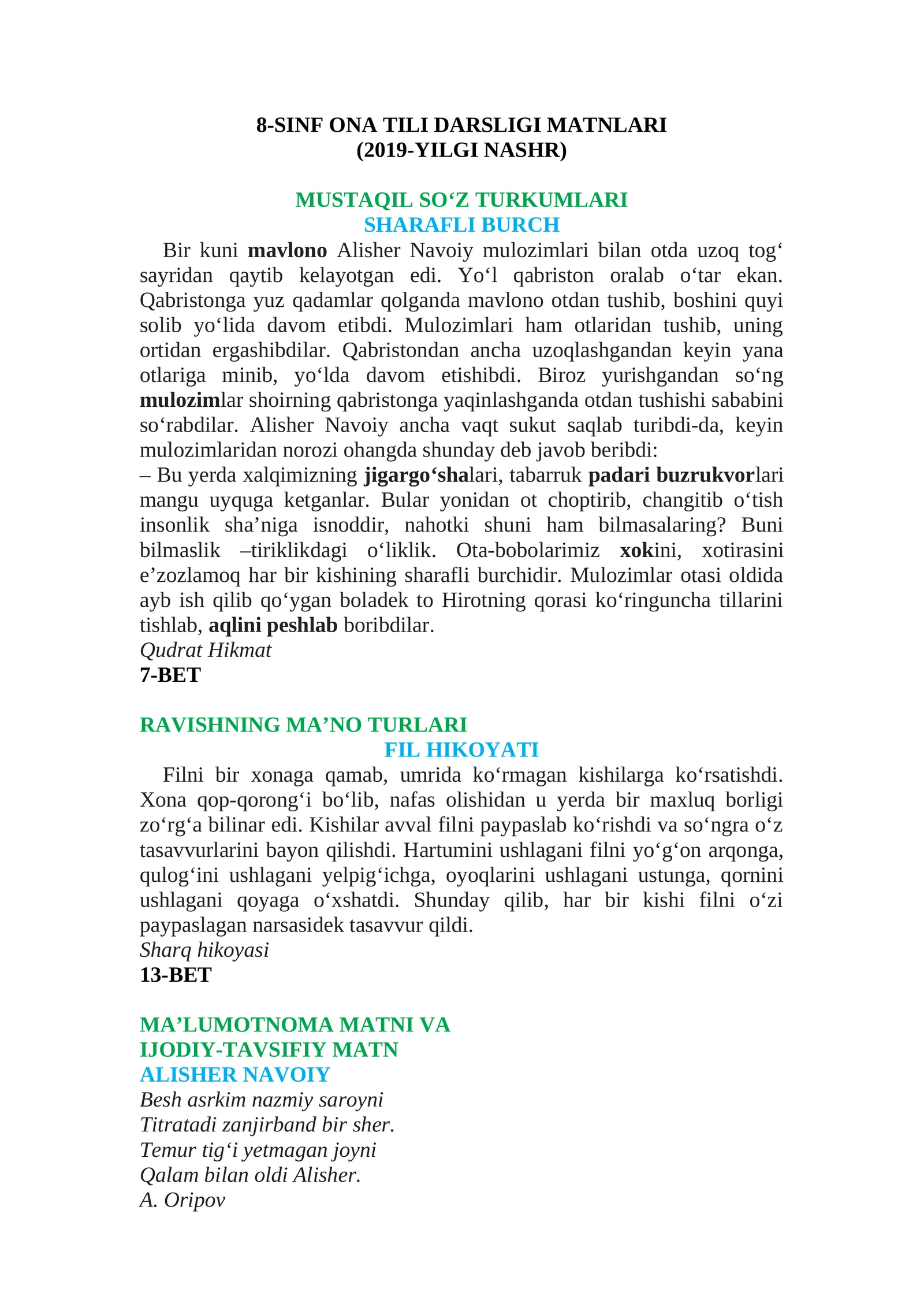 SINF ONA TILI DARSLIGI MATNLARI (2019-YILGI NASHR)