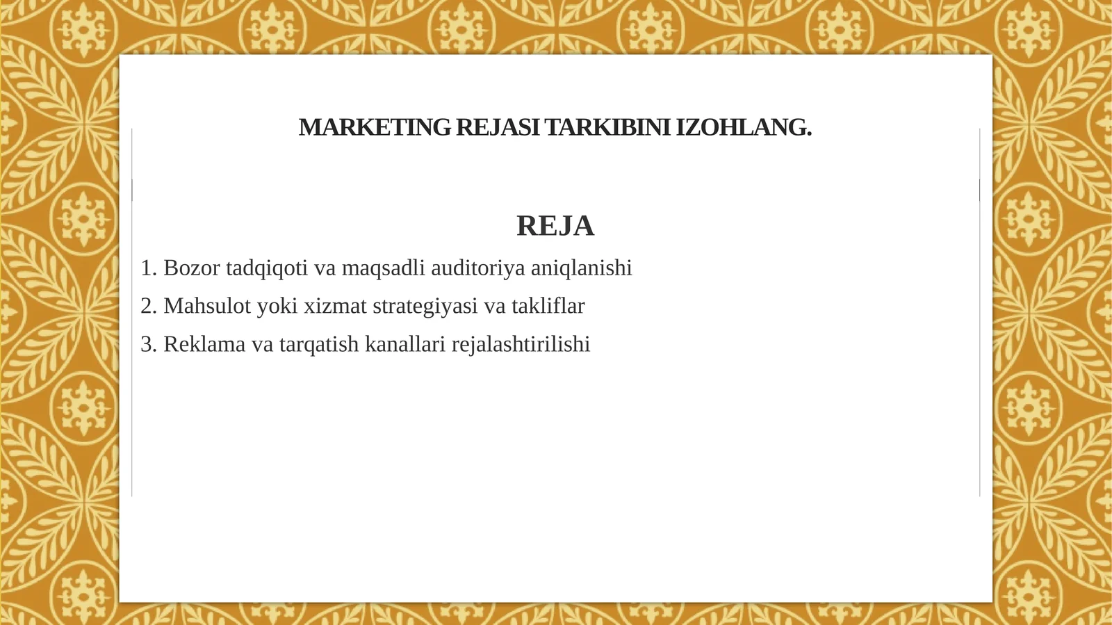 Marketing rejasi tarkibini izohlang.