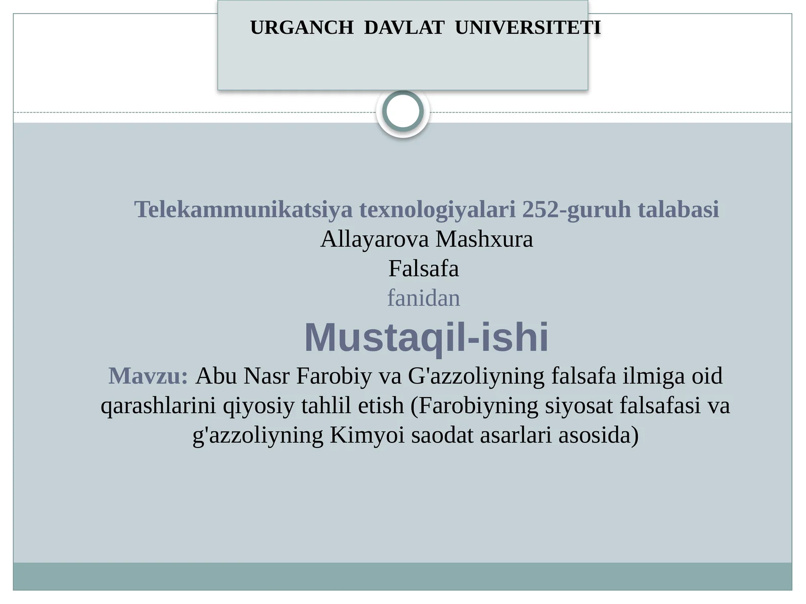 Abu Nasr Farobiy va G'azzoliyning falsafa ilmiga oid qarashlarini qiyosiy tahliletish (Farobiyning Siyosat falsafasi va G'azzoliyning Kimyo is'odati asarlarida)