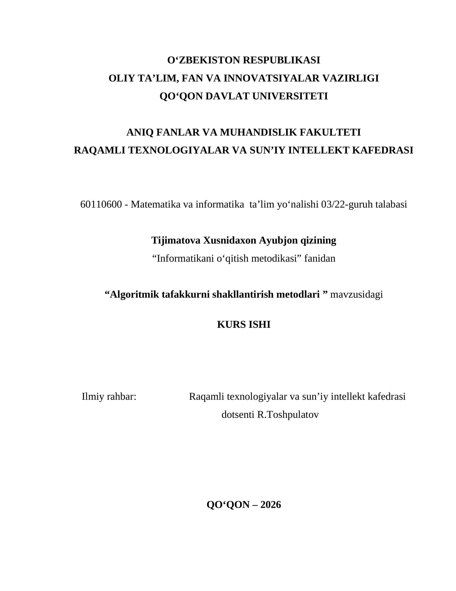 Algoritmik tafakkurni shakllantirish metodlari