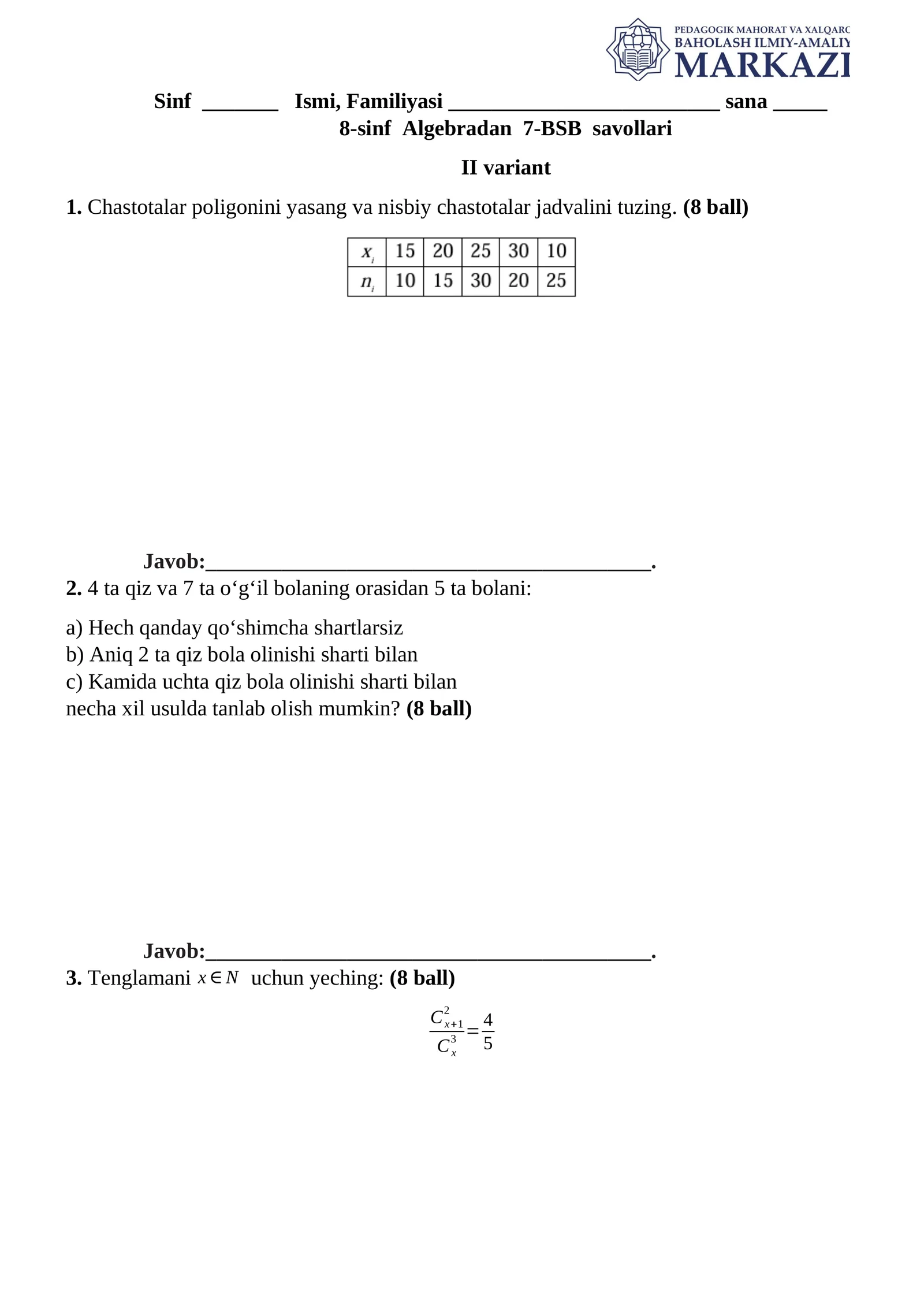 8-sinf Algebradan 7-BSB savollari