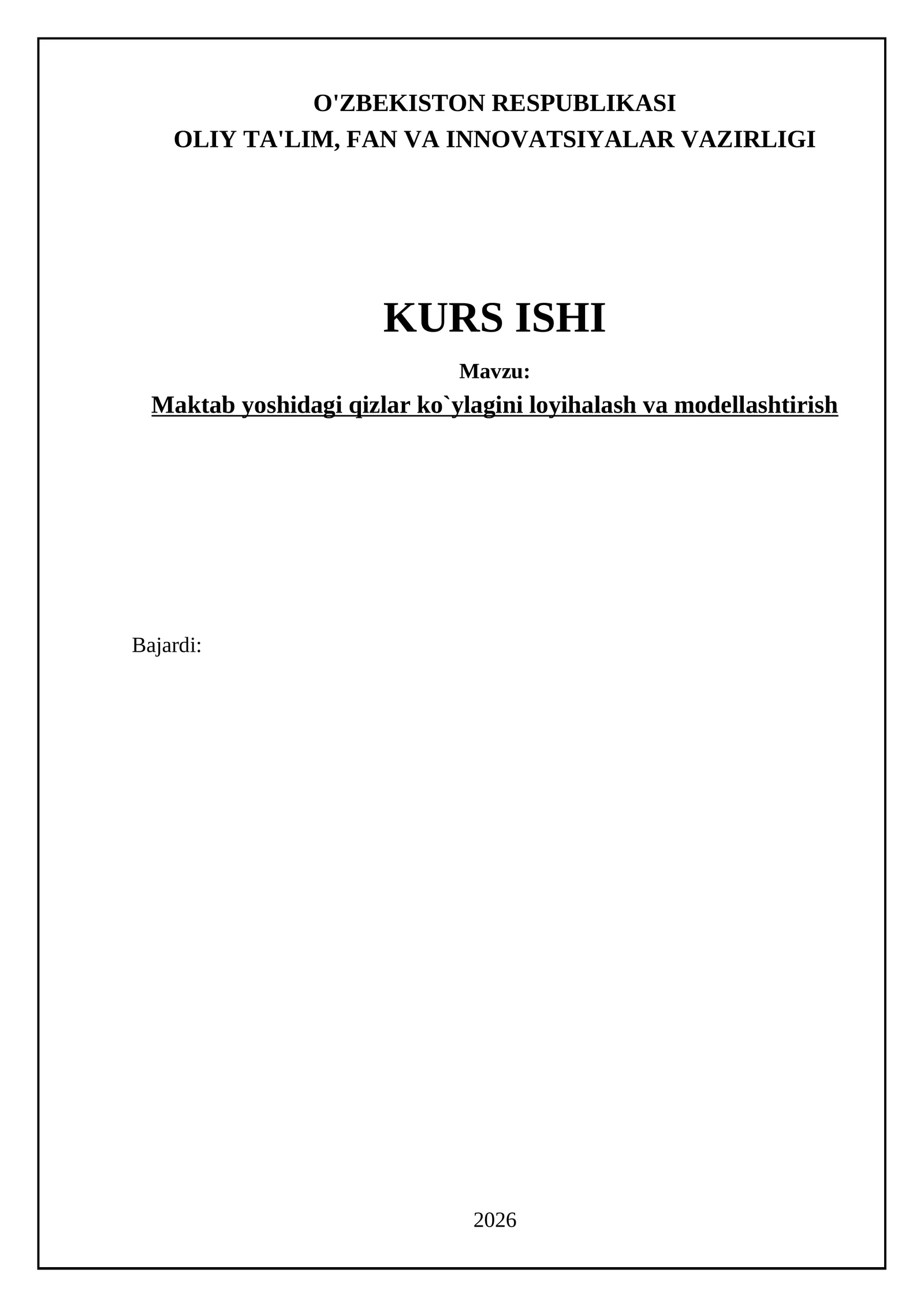 Maktab yoshidagi qizlar ko`ylagini loyihalash va modellashtirish