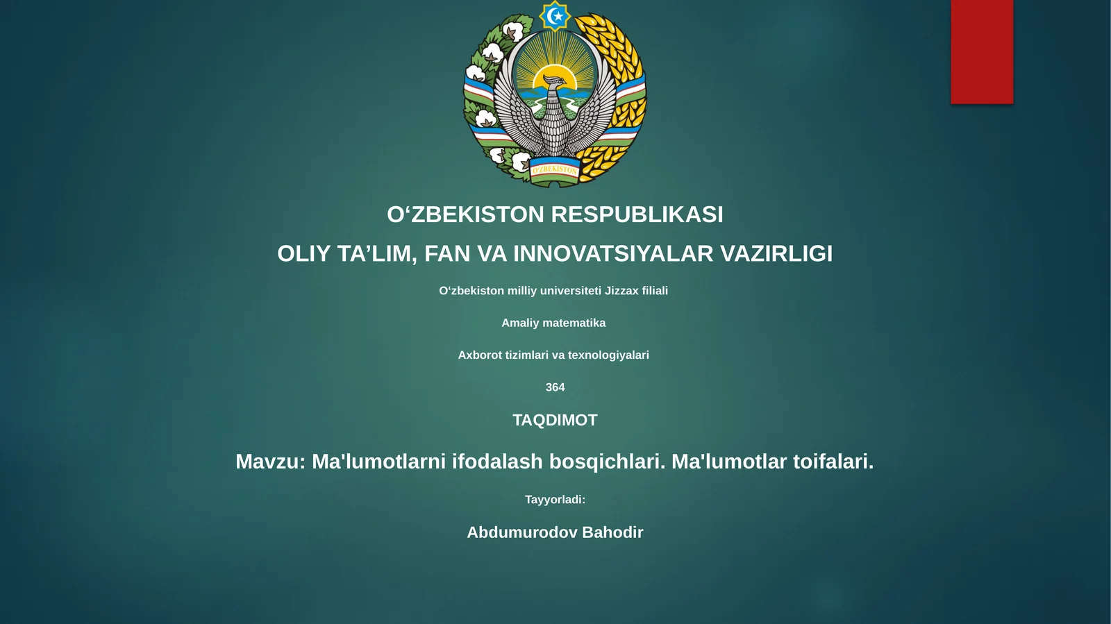Ma'lumotlarni ifodalash bosqichlari. Ma'lumotlar toifalari